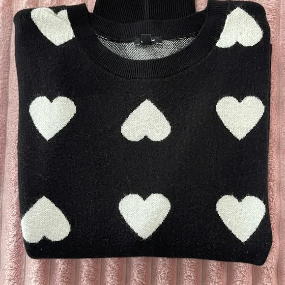 Express Black Crewneck Sweater with White Heart Motif - Picture 3 of 4